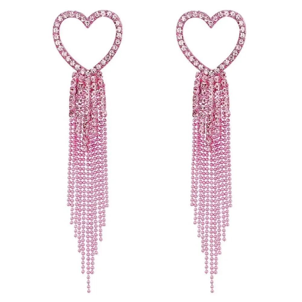 Pink with Pink Sapphire Crystal Heart Beaded Tassel Post Back Dangling Earrings